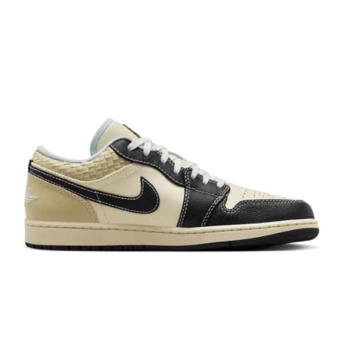 "Air Jordan 1 Low SE Coconut Milk Black Muslin sneakers by Hype Elixir – stylish low-top design with a premium blend of neutral tones for a sleek and versatile look."